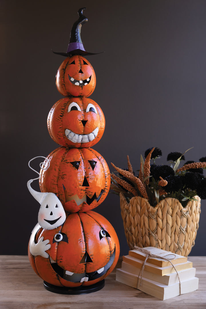 Painted Metal Stack of 4 Jack-O-Lanterns with Witch Hat Luminary