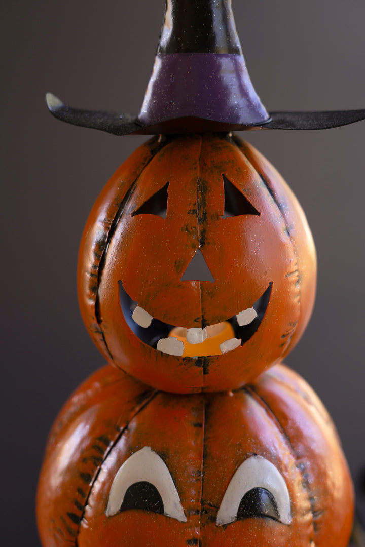 Painted Metal Stack of 4 Jack-O-Lanterns with Witch Hat Luminary