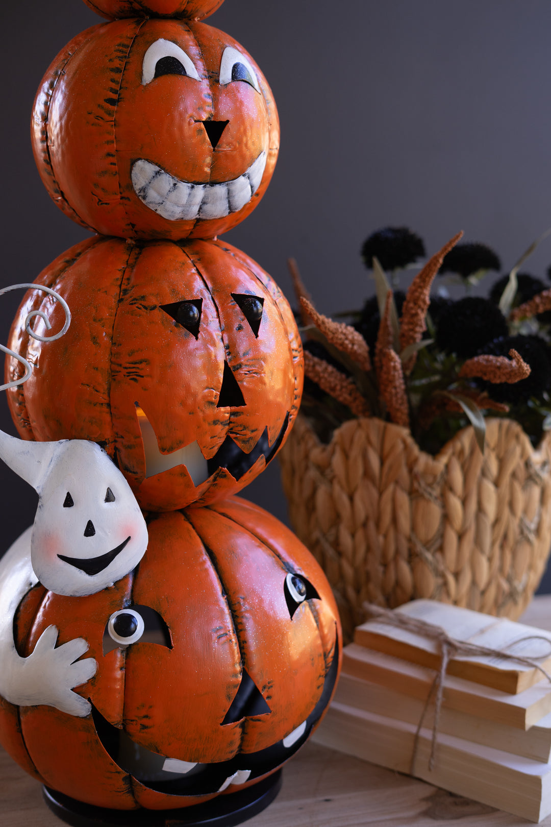 Painted Metal Stack of 4 Jack-O-Lanterns with Witch Hat Luminary