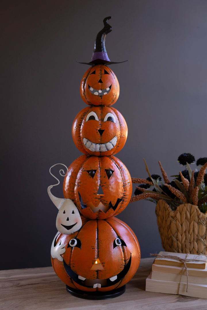 Painted Metal Stack of 4 Jack-O-Lanterns with Witch Hat Luminary