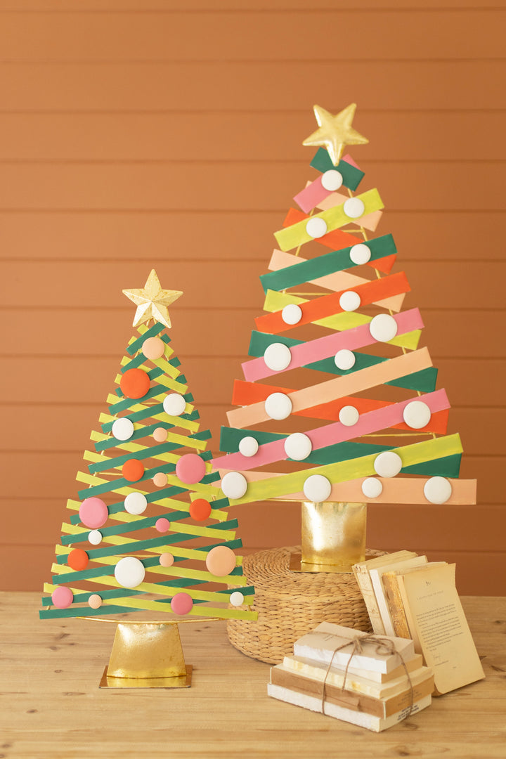 Set of 2 Colorful Painted Metal Christmas Trees with Gold Bases