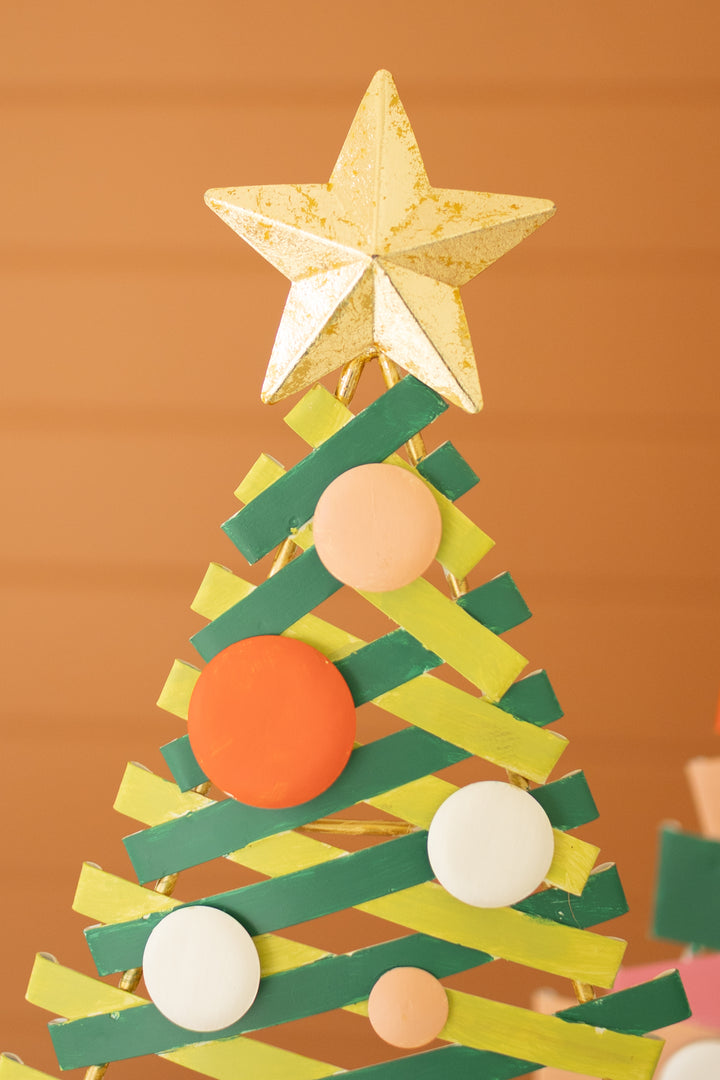 Set of 2 Colorful Painted Metal Christmas Trees with Gold Bases