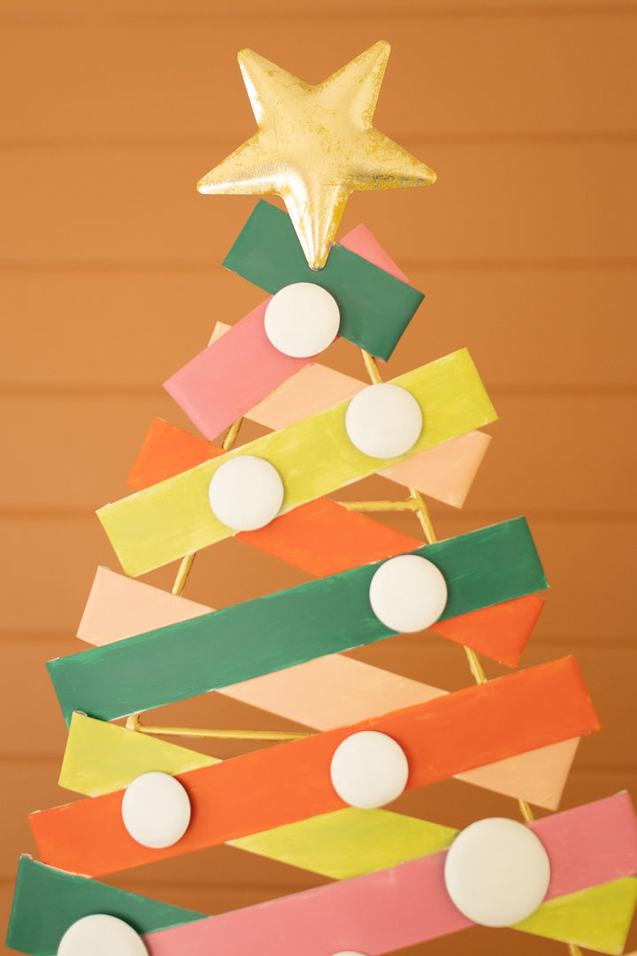 Set of 2 Colorful Painted Metal Christmas Trees with Gold Bases