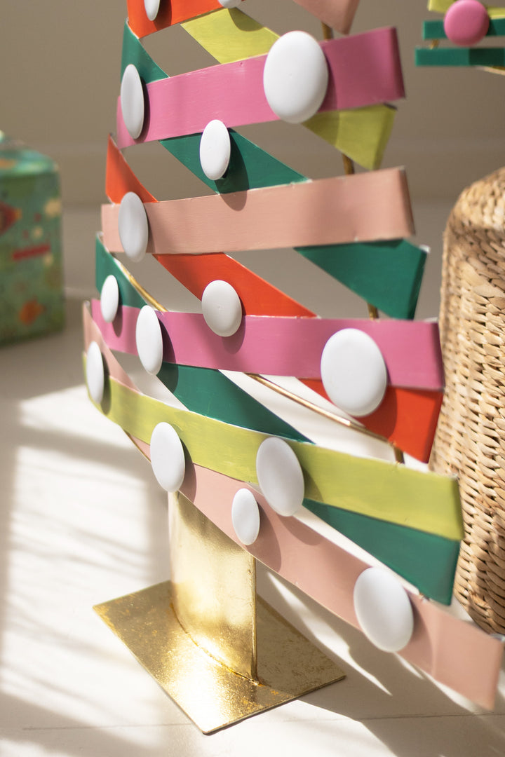 Set of 2 Colorful Painted Metal Christmas Trees with Gold Bases