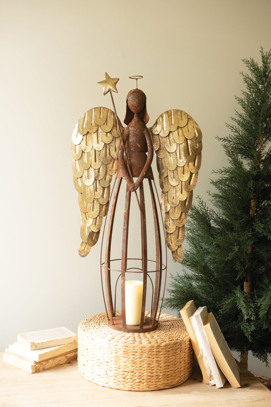 Rustic Metal and Gold Painted Christmas Angel Luminary