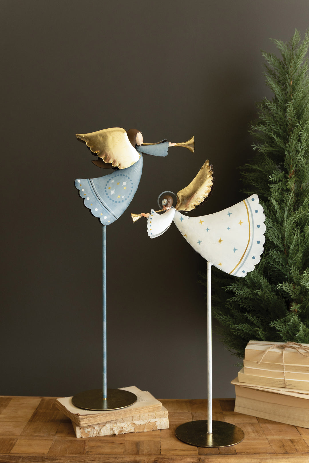 Set of 2 Painted Metal Blue and White Christmas Angels on Stands