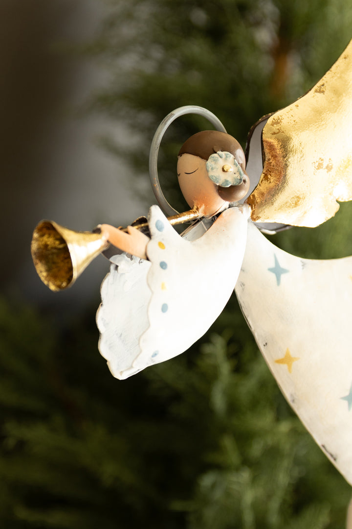 Set of 2 Painted Metal Blue and White Christmas Angels on Stands
