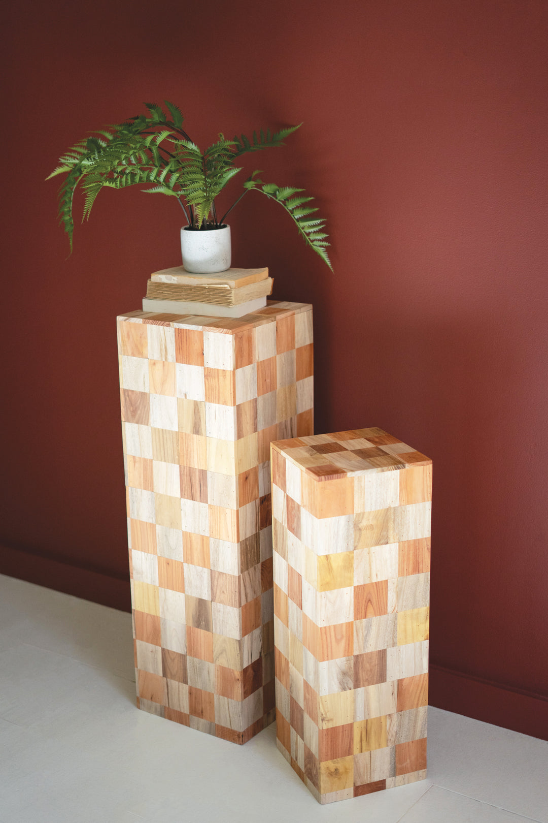 Set of 2 Assorted Wood Block Pedestals