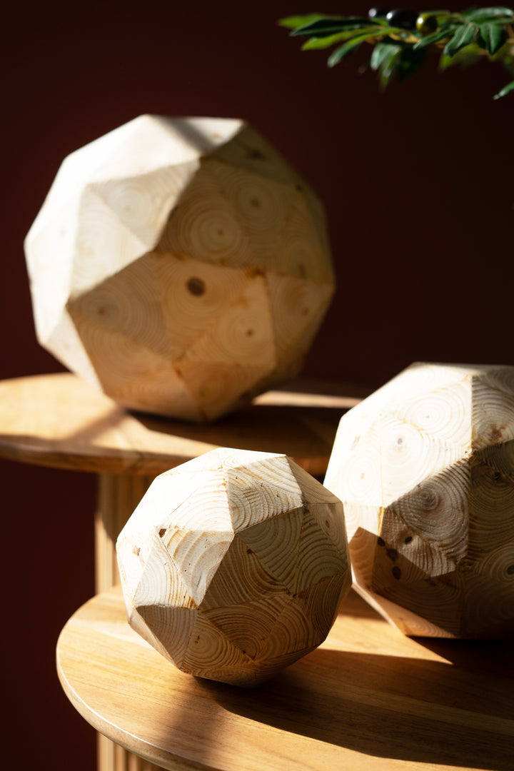 Set of 3 Cubist Pine Wood Spheres