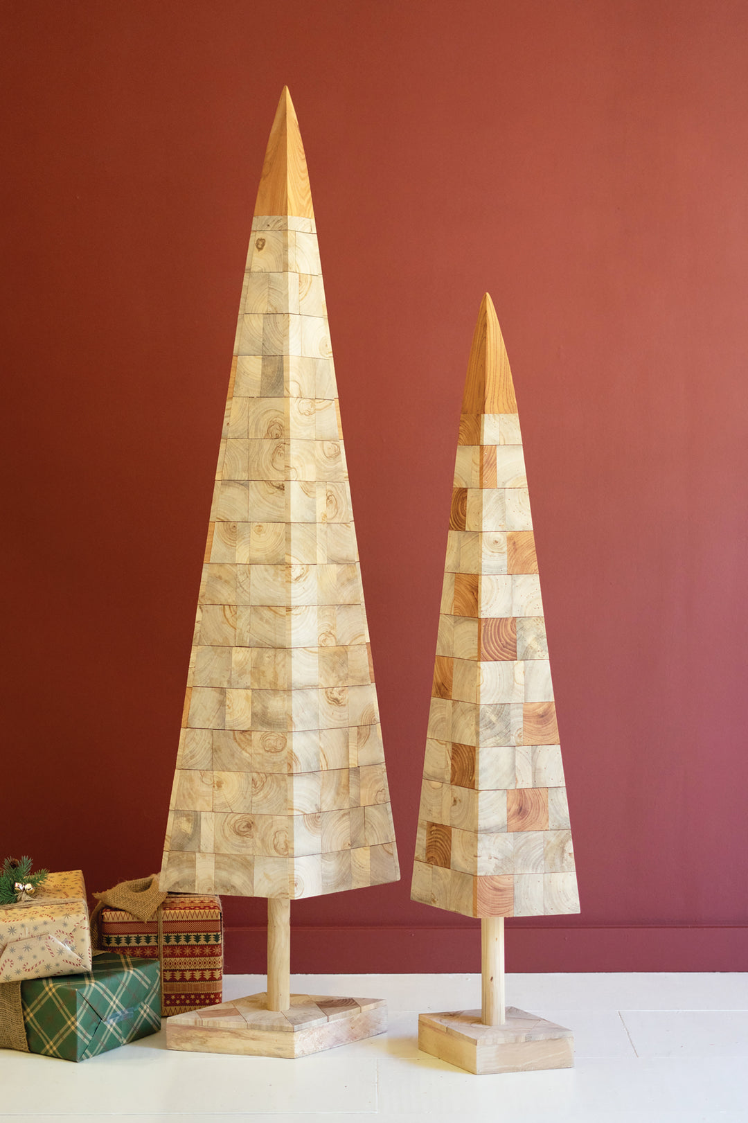 Set of 2 Assorted Wood Block Christmas Trees