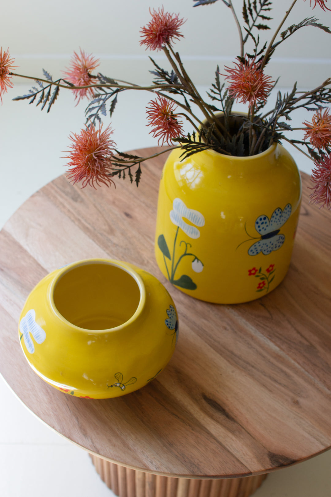 Set of 2 Yellow Ceramic Vases with Garden Illustrations