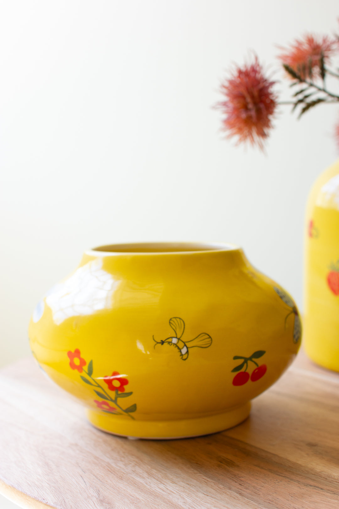 Set of 2 Yellow Ceramic Vases with Garden Illustrations