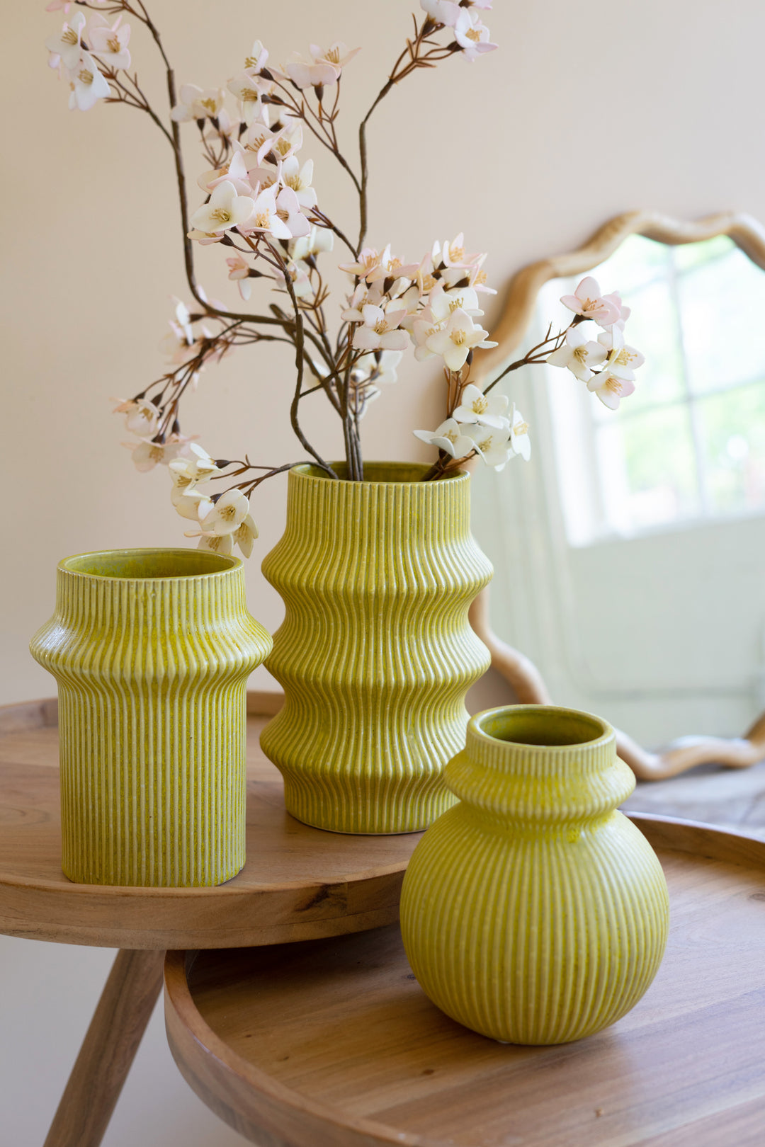 Set Of 3 Chartreuse Ceramic Vases
