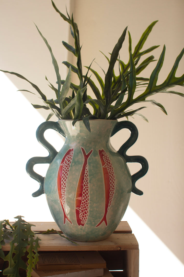Colorful Ceramic Fish Vase with Squiggle Handles