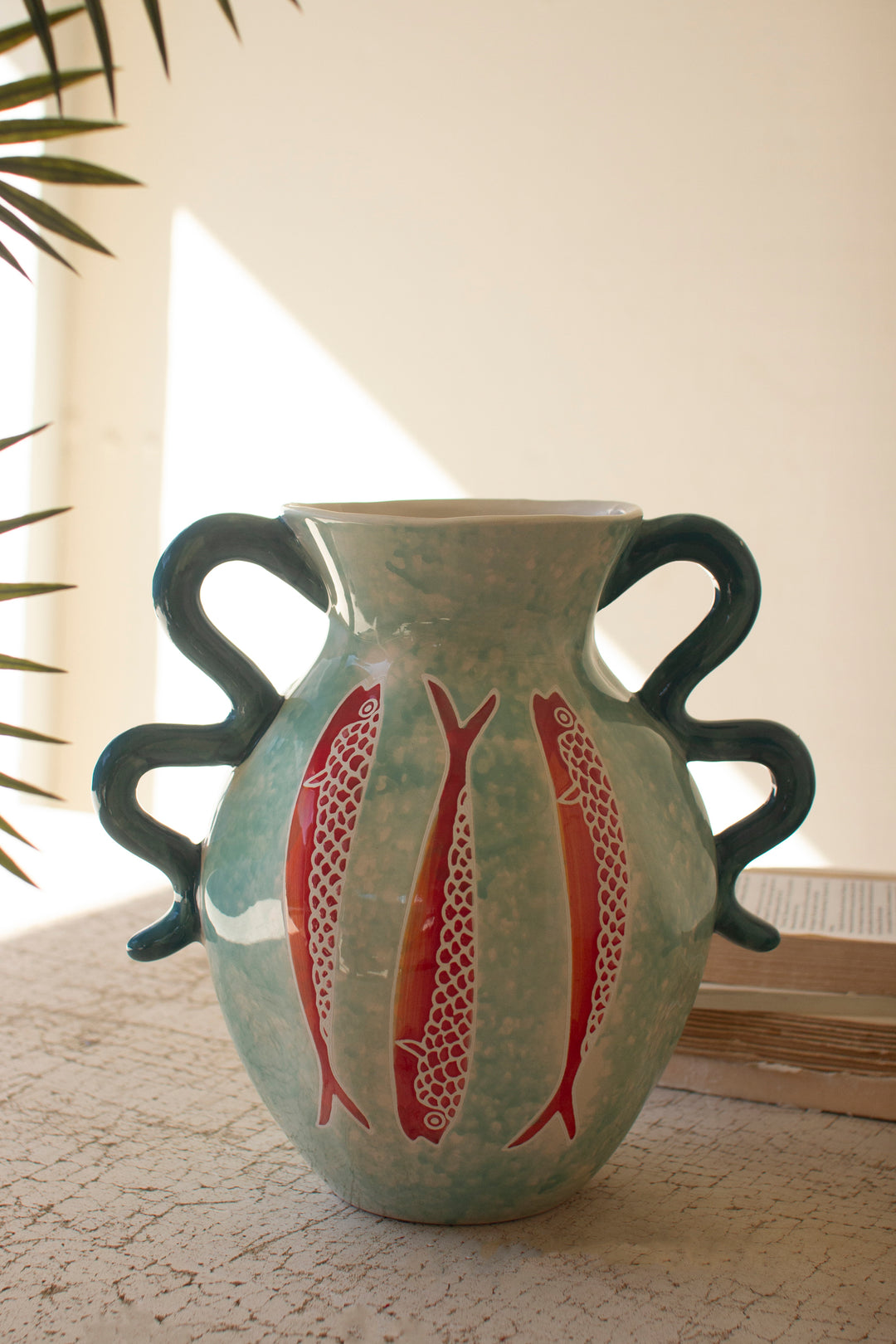 Colorful Ceramic Fish Vase with Squiggle Handles