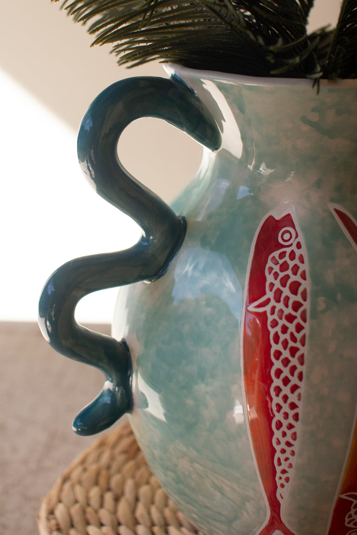 Colorful Ceramic Fish Vase with Squiggle Handles