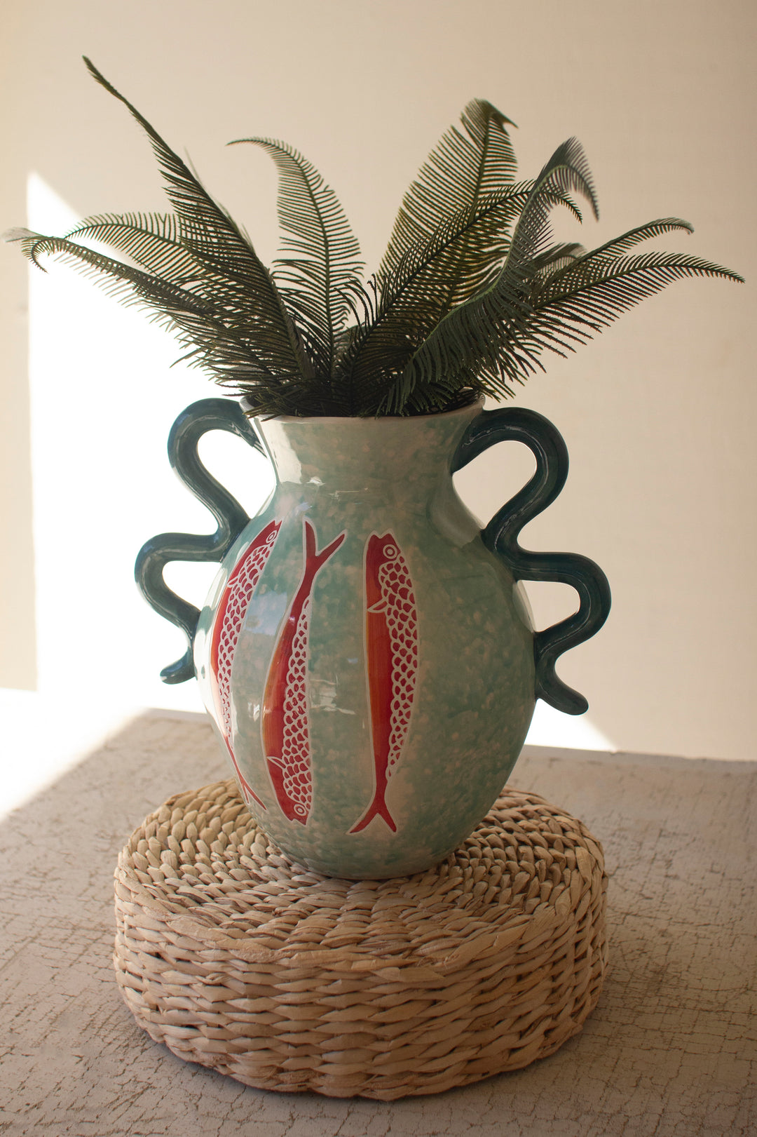 Colorful Ceramic Fish Vase with Squiggle Handles