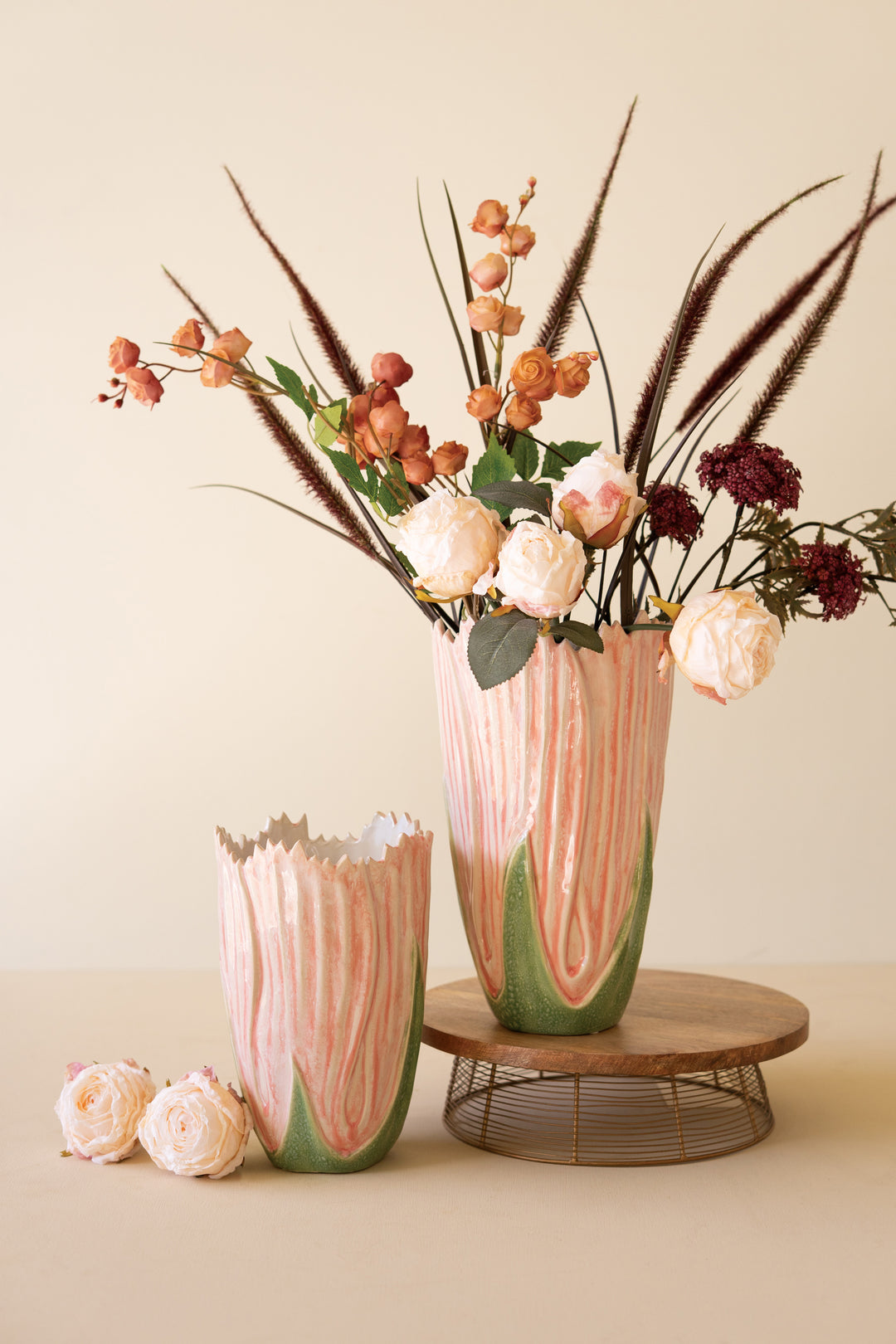Set of 2 Pink and Green Ceramic Vases