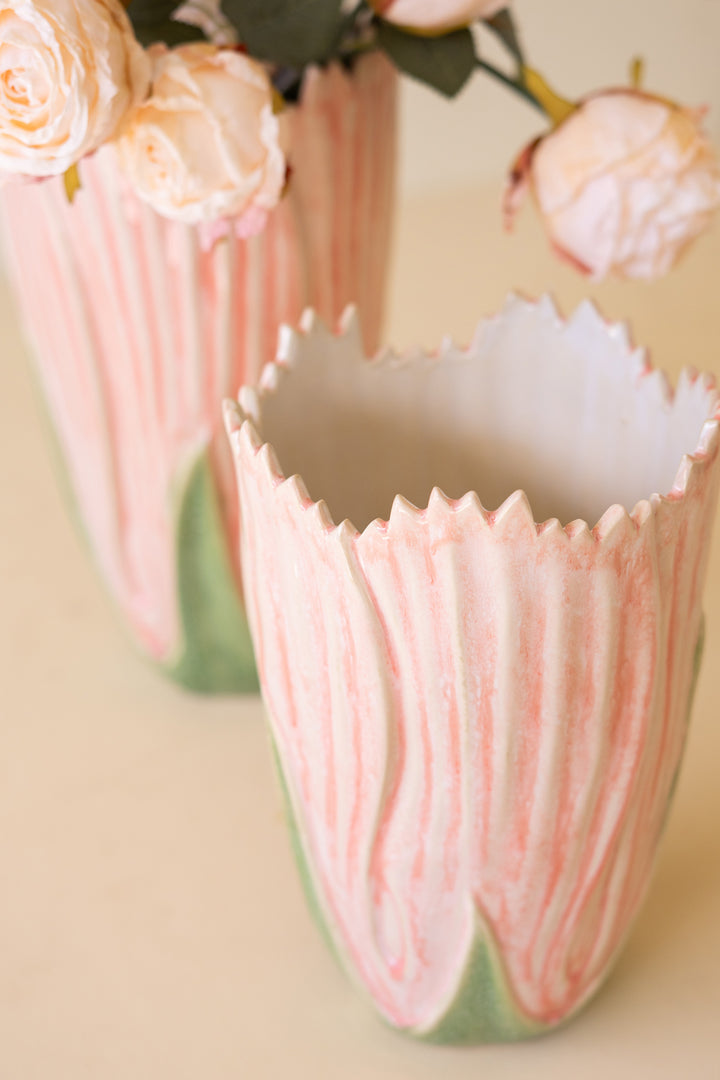 Set of 2 Pink and Green Ceramic Vases