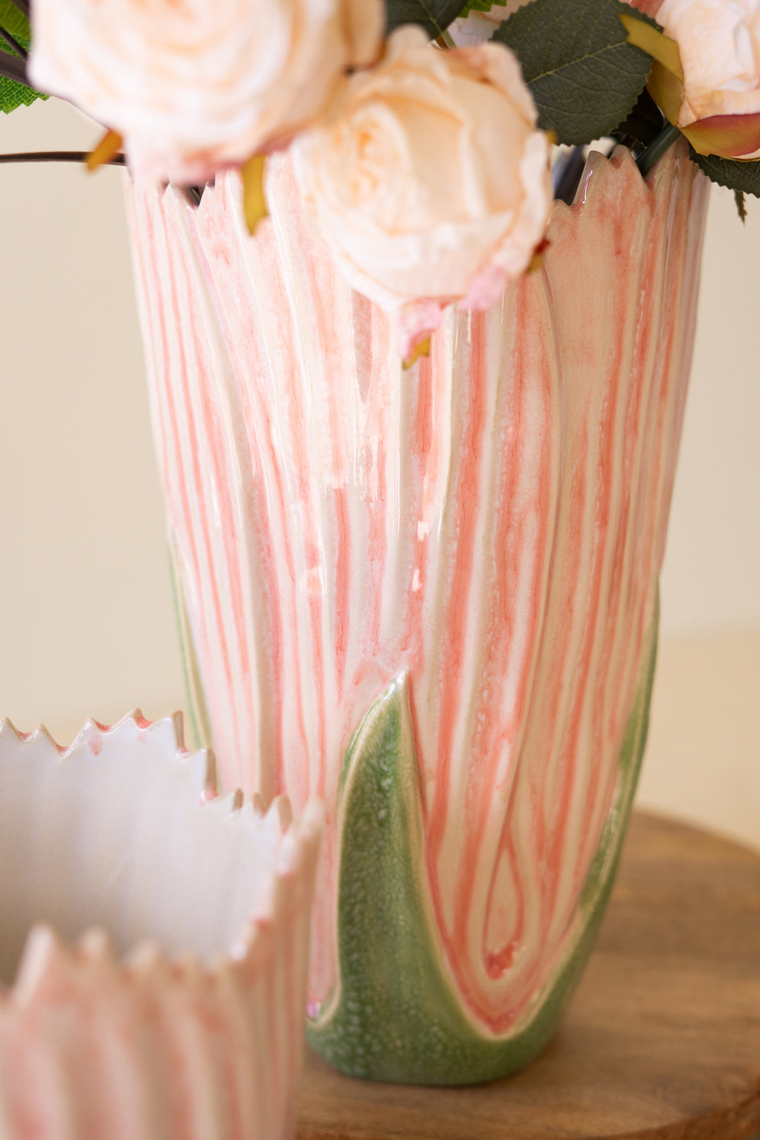 Set of 2 Pink and Green Ceramic Vases
