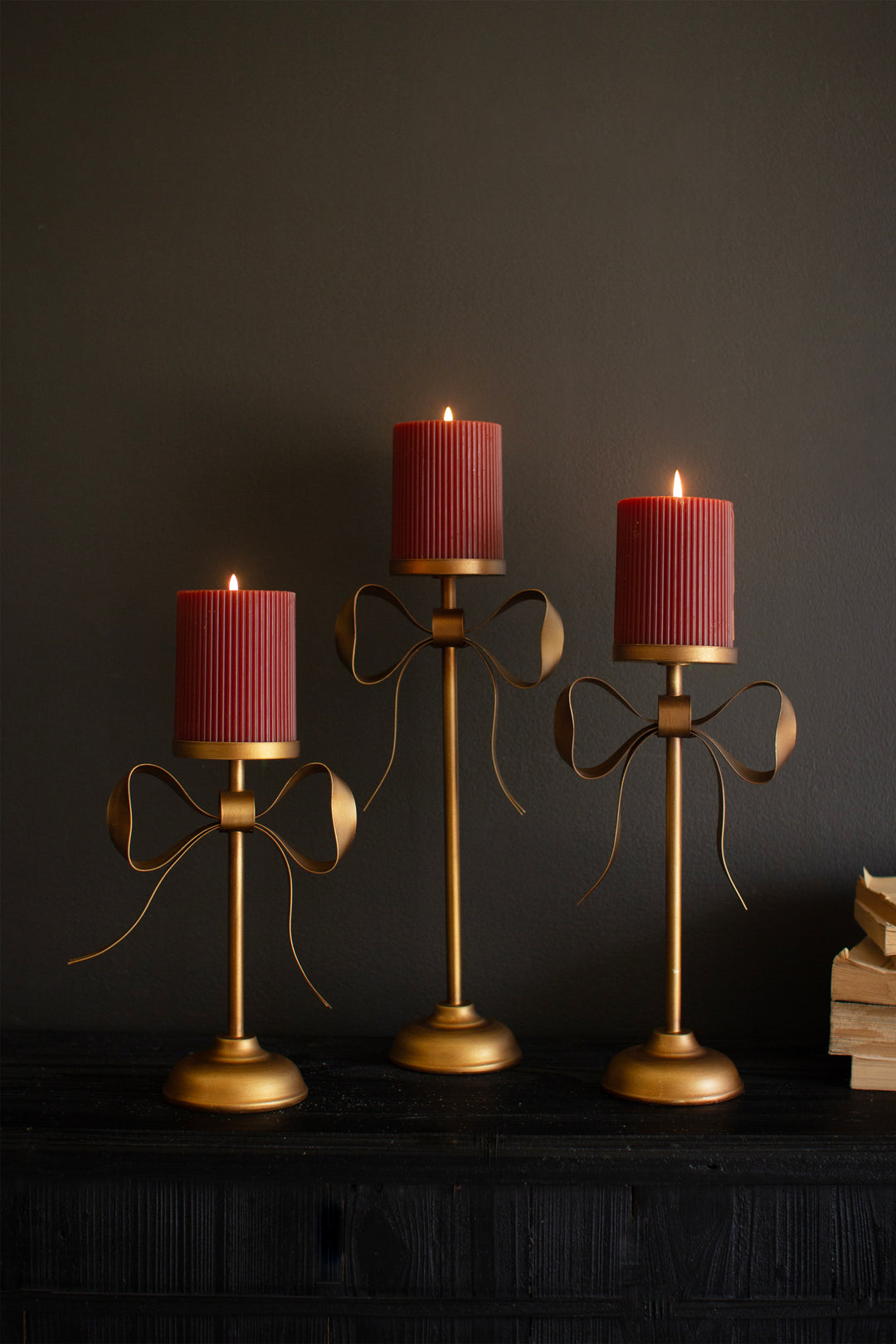 Set of 3 Antique Brass Pillar Candle Stands with Bow Detail