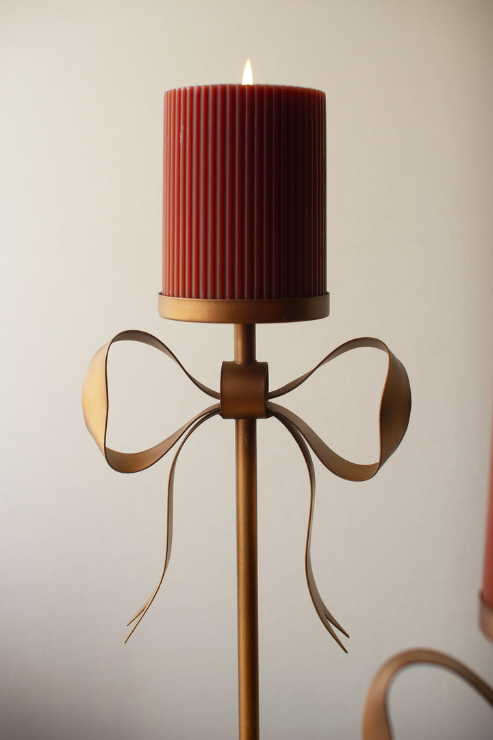 Set of 3 Antique Brass Pillar Candle Stands with Bow Detail