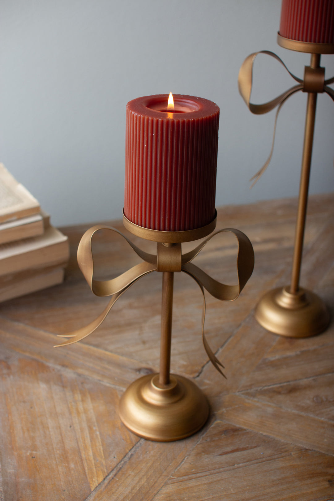 Set of 3 Antique Brass Pillar Candle Stands with Bow Detail