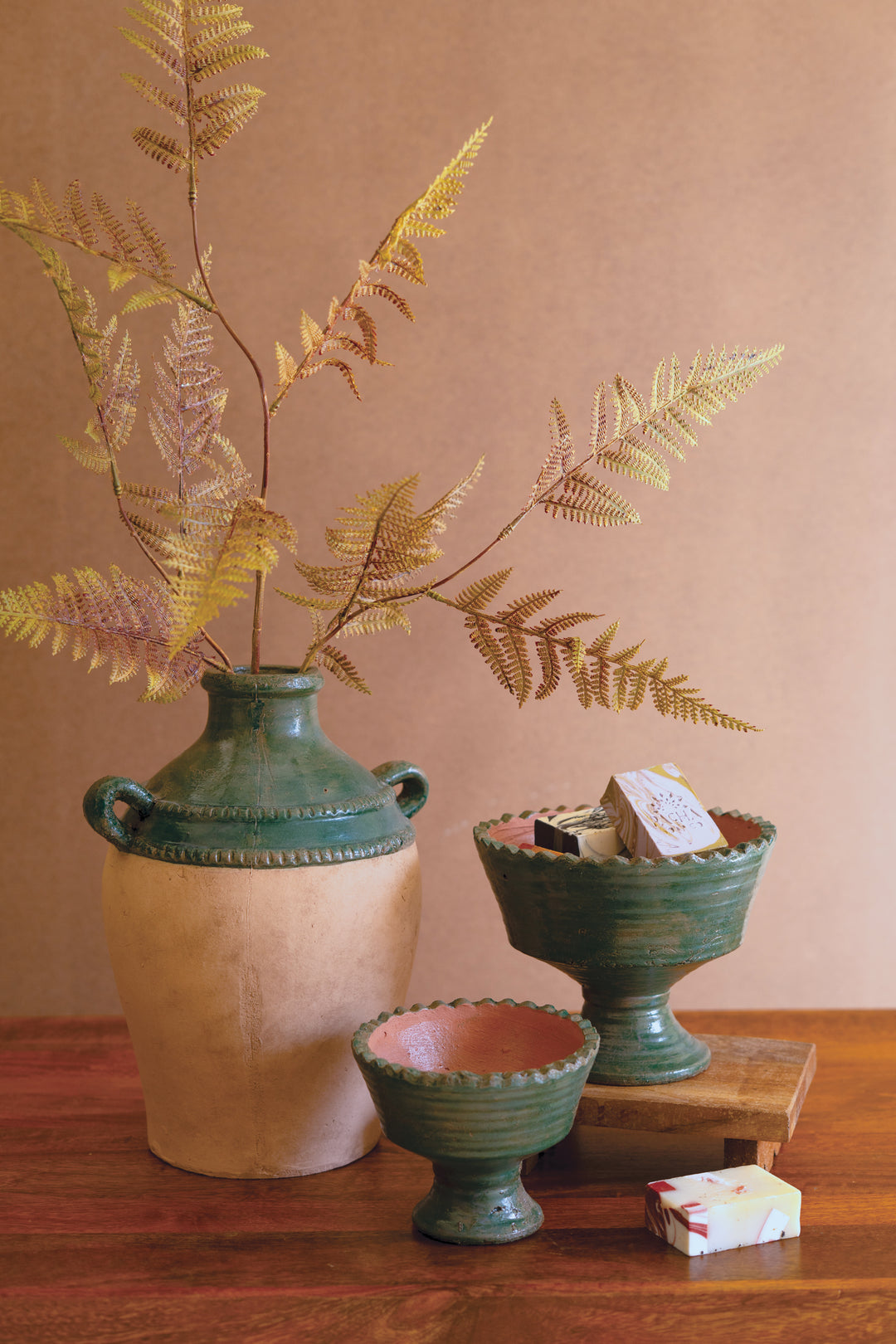 Large Green and Terracotta Clay Urn with Two Handles