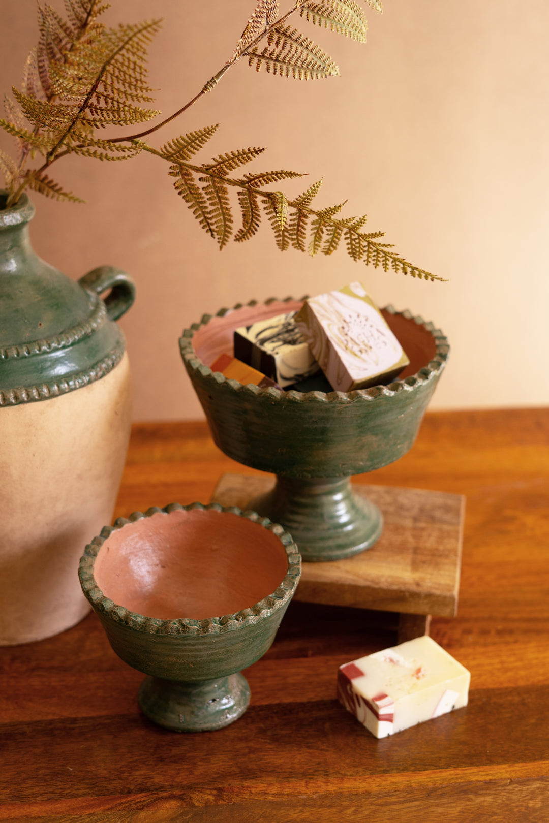 Set of 2 Green and Terracotta Clay Compotes