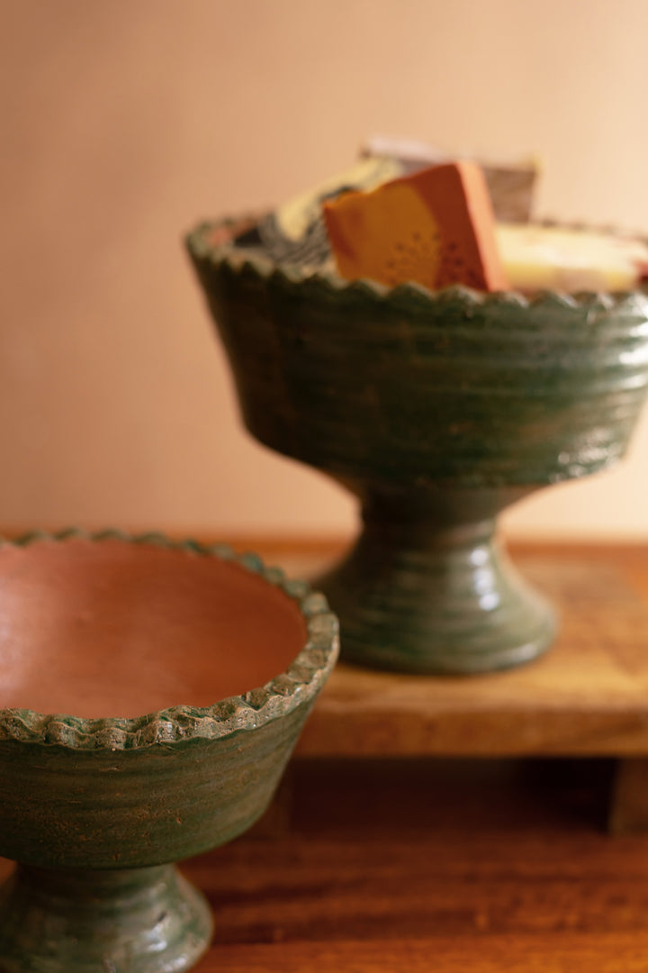 Set of 2 Green and Terracotta Clay Compotes