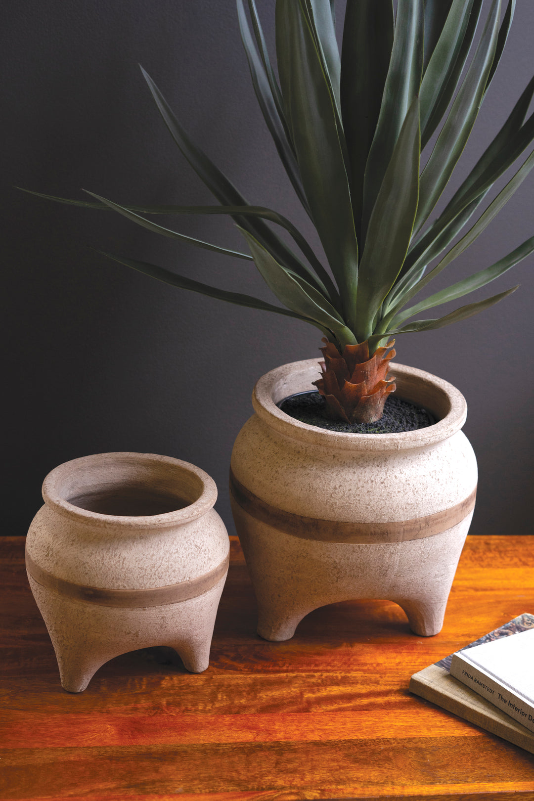 Set of 2 Terracotta Planters with Horizontal Brown Stripe
