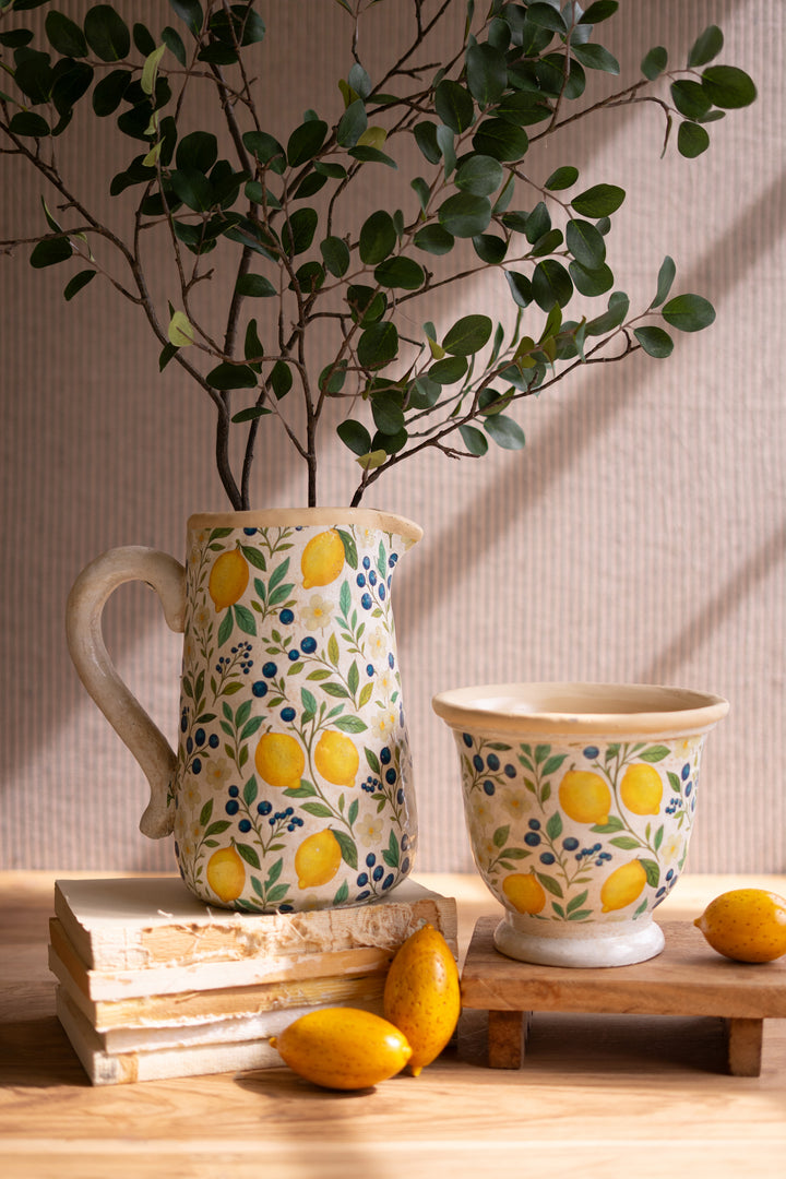Set of 2 Cement Pitcher and Planter with Lemons