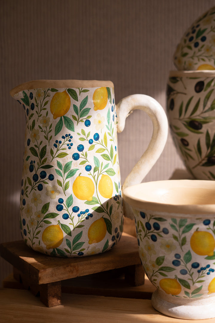 Set of 2 Cement Pitcher and Planter with Lemons