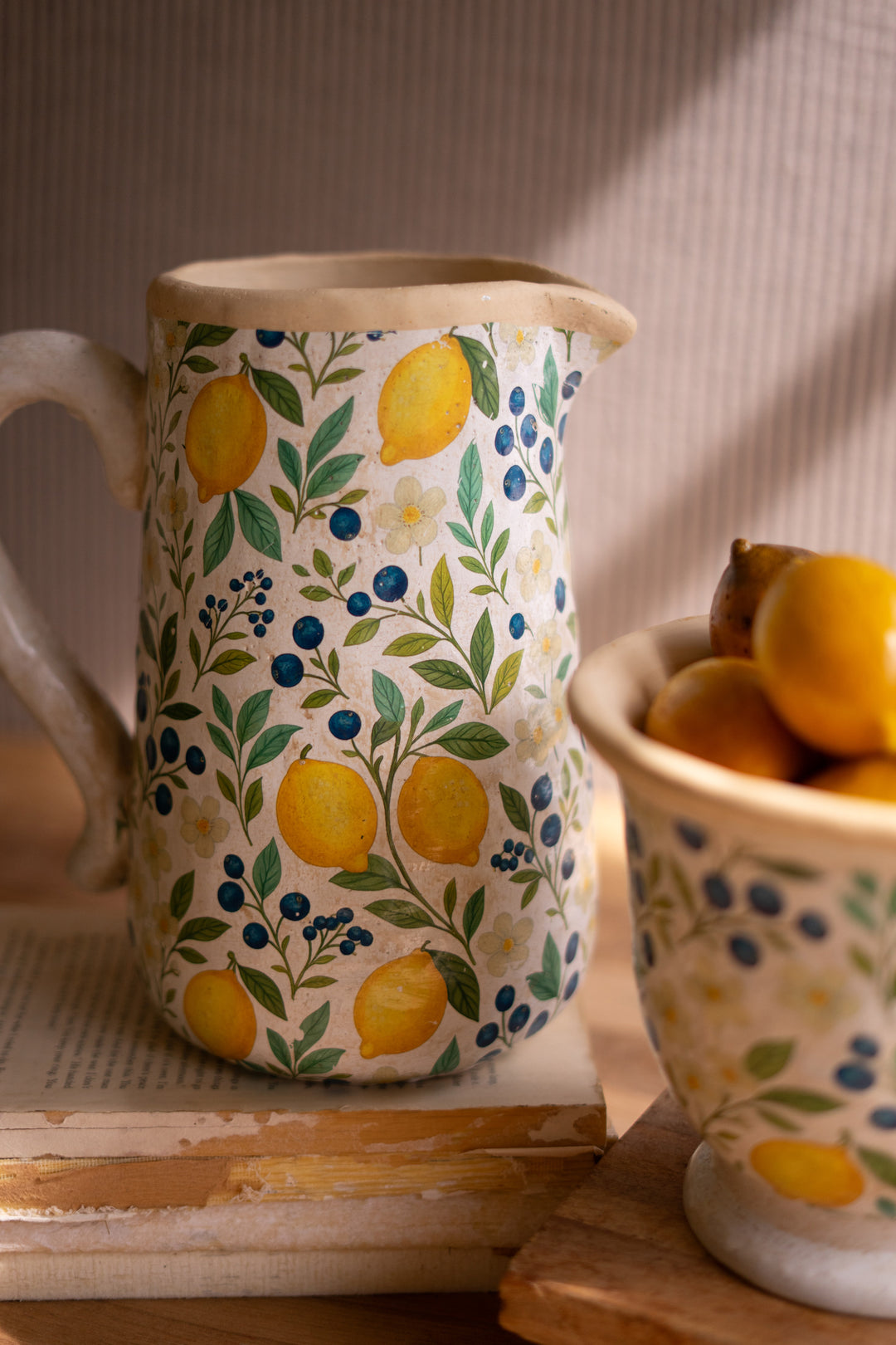 Set of 2 Cement Pitcher and Planter with Lemons