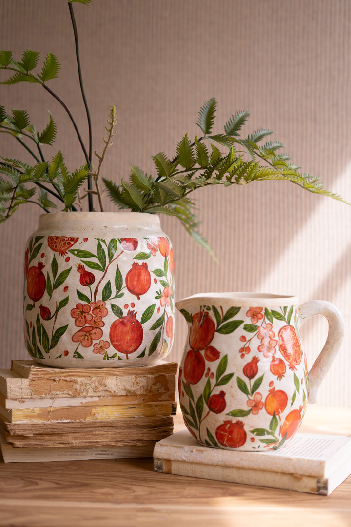 Set of 2 Cement Pitcher and Planter with Pomegranates
