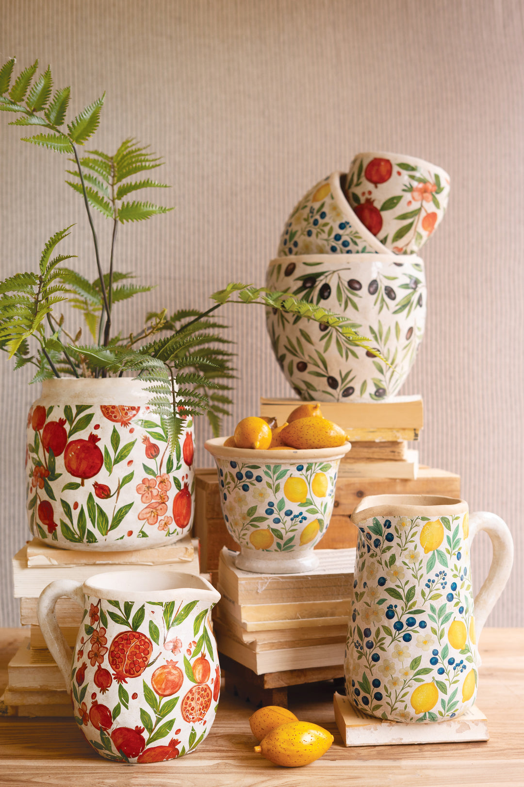 Set of 2 Cement Pitcher and Planter with Pomegranates
