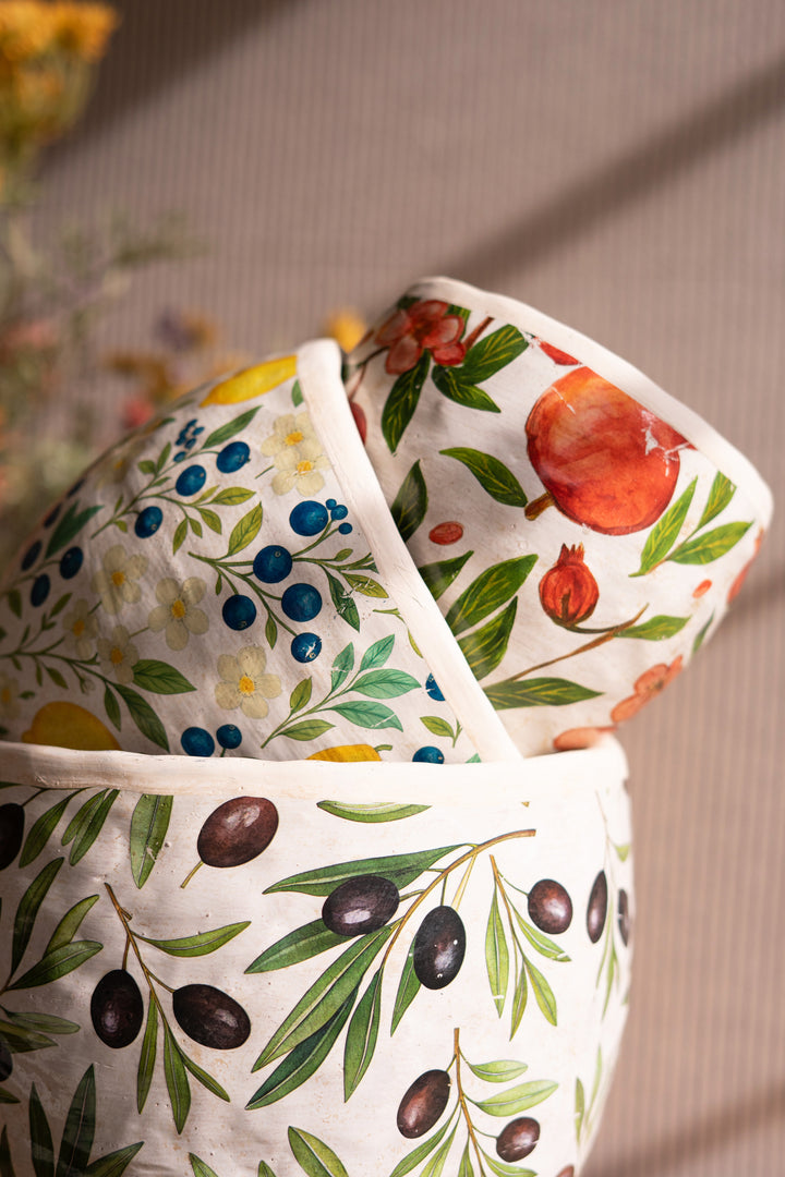 Set of 3 Cement Planters with Olives, Lemons, and Pomegranates
