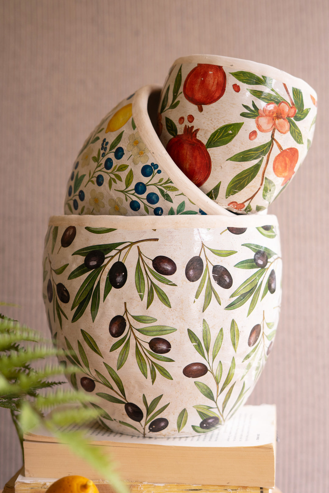 Set of 3 Cement Planters with Olives, Lemons, and Pomegranates