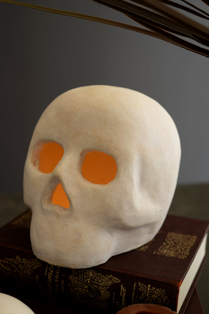 Set of 2 Cement Halloween Skulls Luminaries