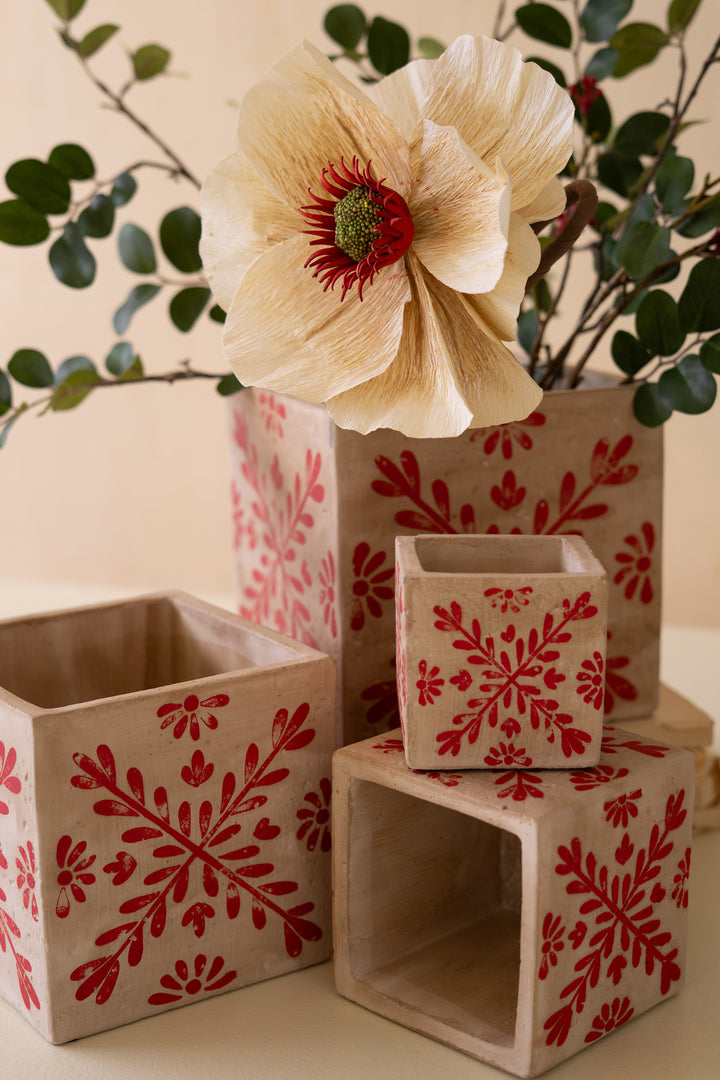 Set of 4 Square Cement Christmas Planters with Red Detail