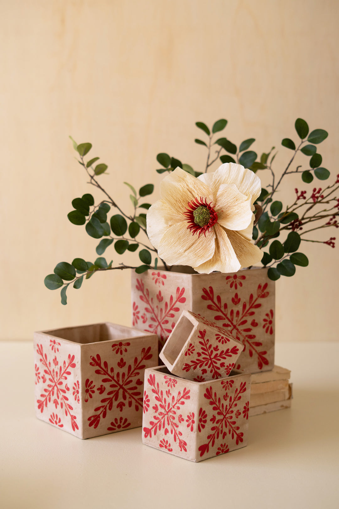 Set of 4 Square Cement Christmas Planters with Red Detail