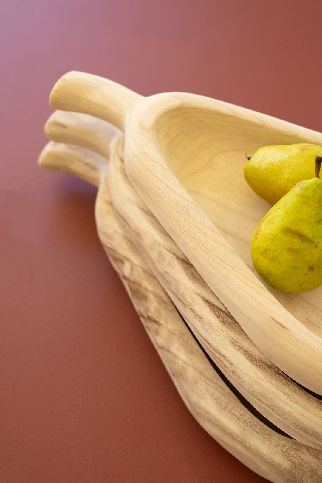 Set of 3 Pear-Shaped Carved Wood Bowls