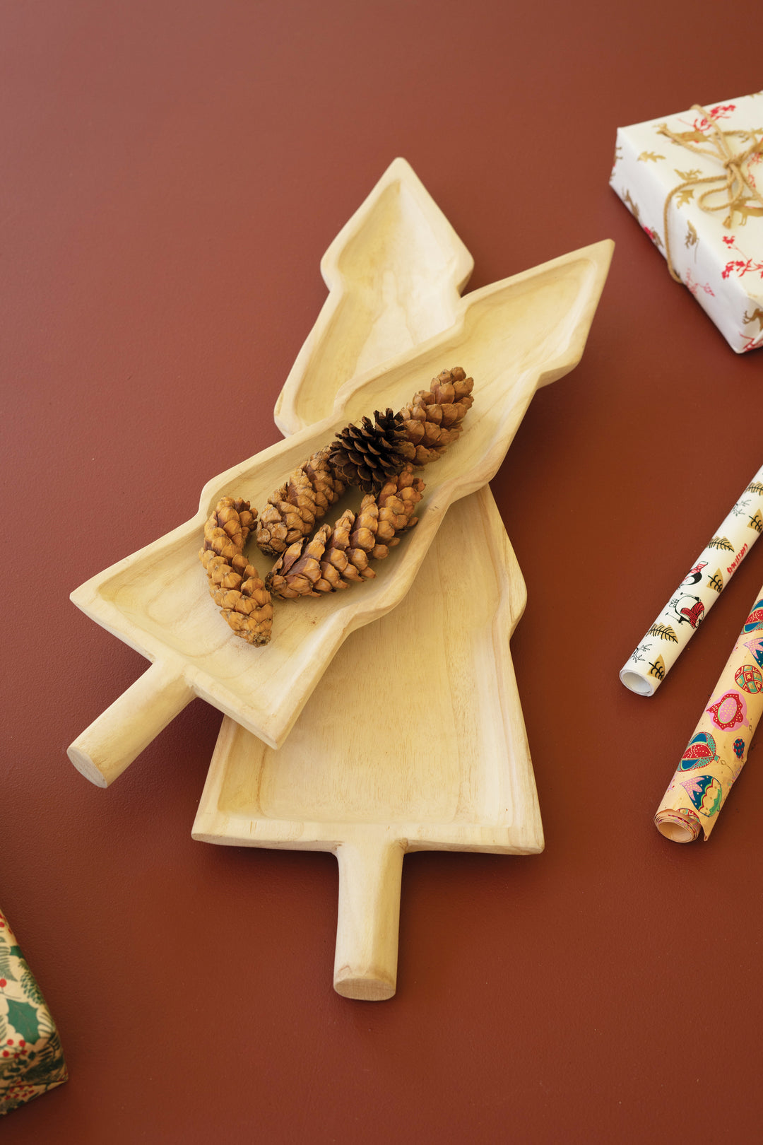 Set of 2 Giant Carved Wood Christmas Tree Platters