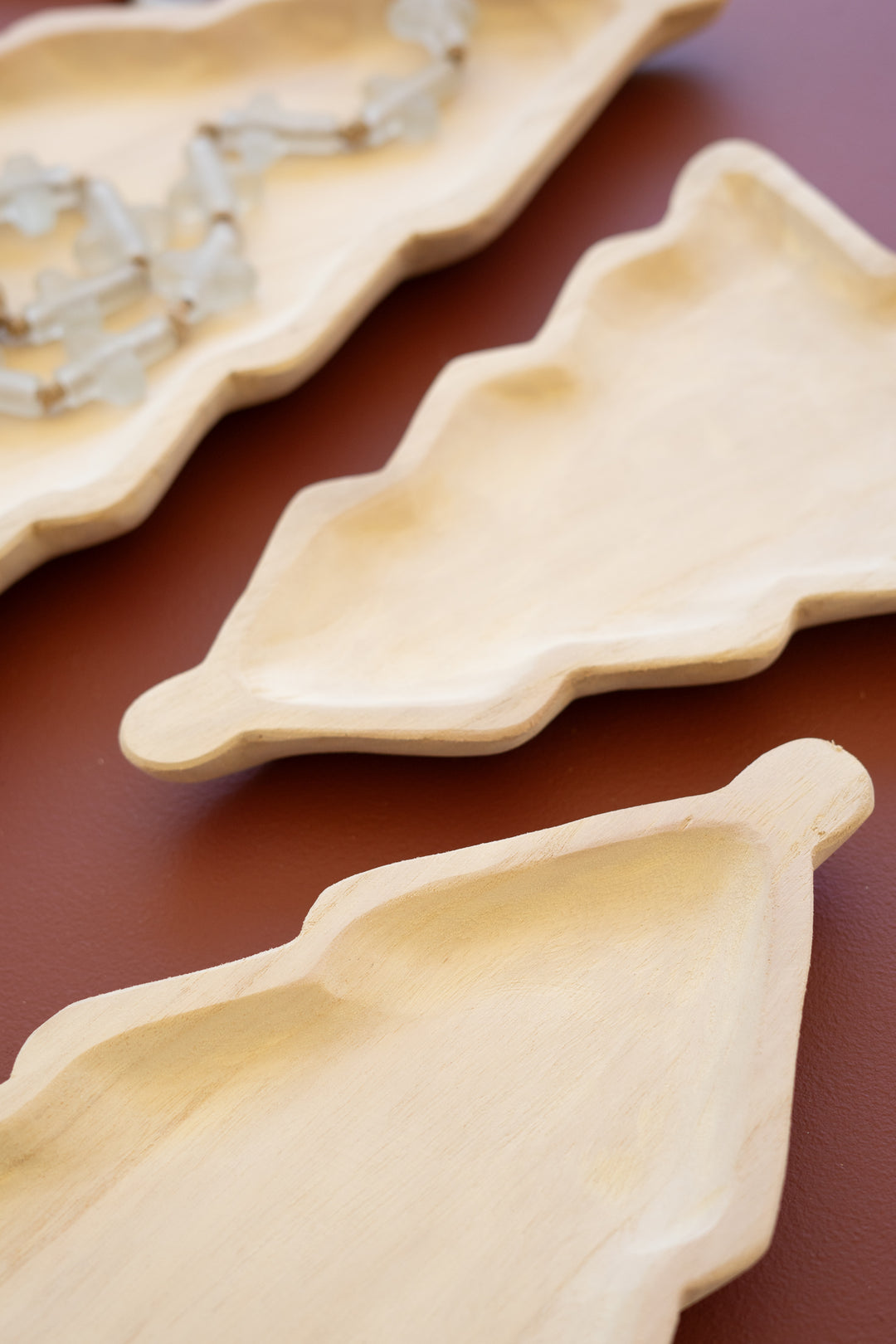 Set of 3 Carved Wood Christmas Tree Platters