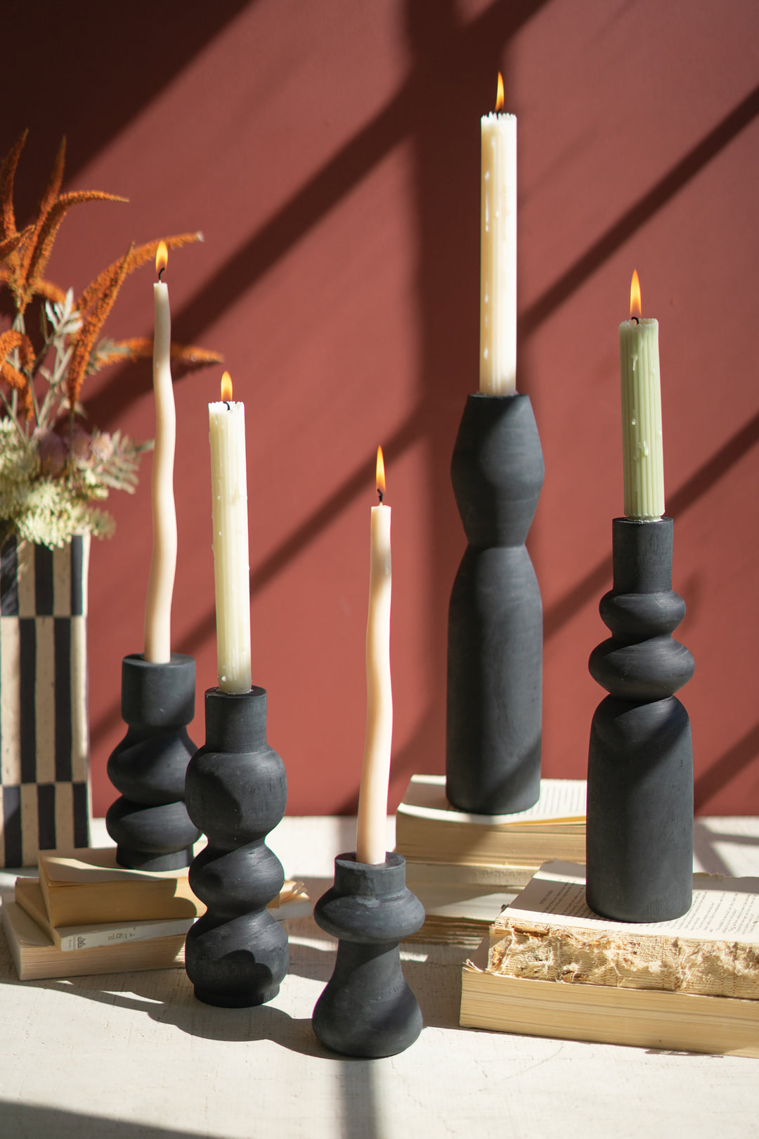 Set of 5 Carved Black Wooden Taper Candle Holders