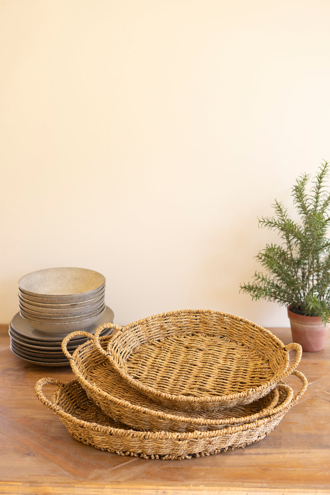 Set of 3 Woven Vine Oval Trays with Handles