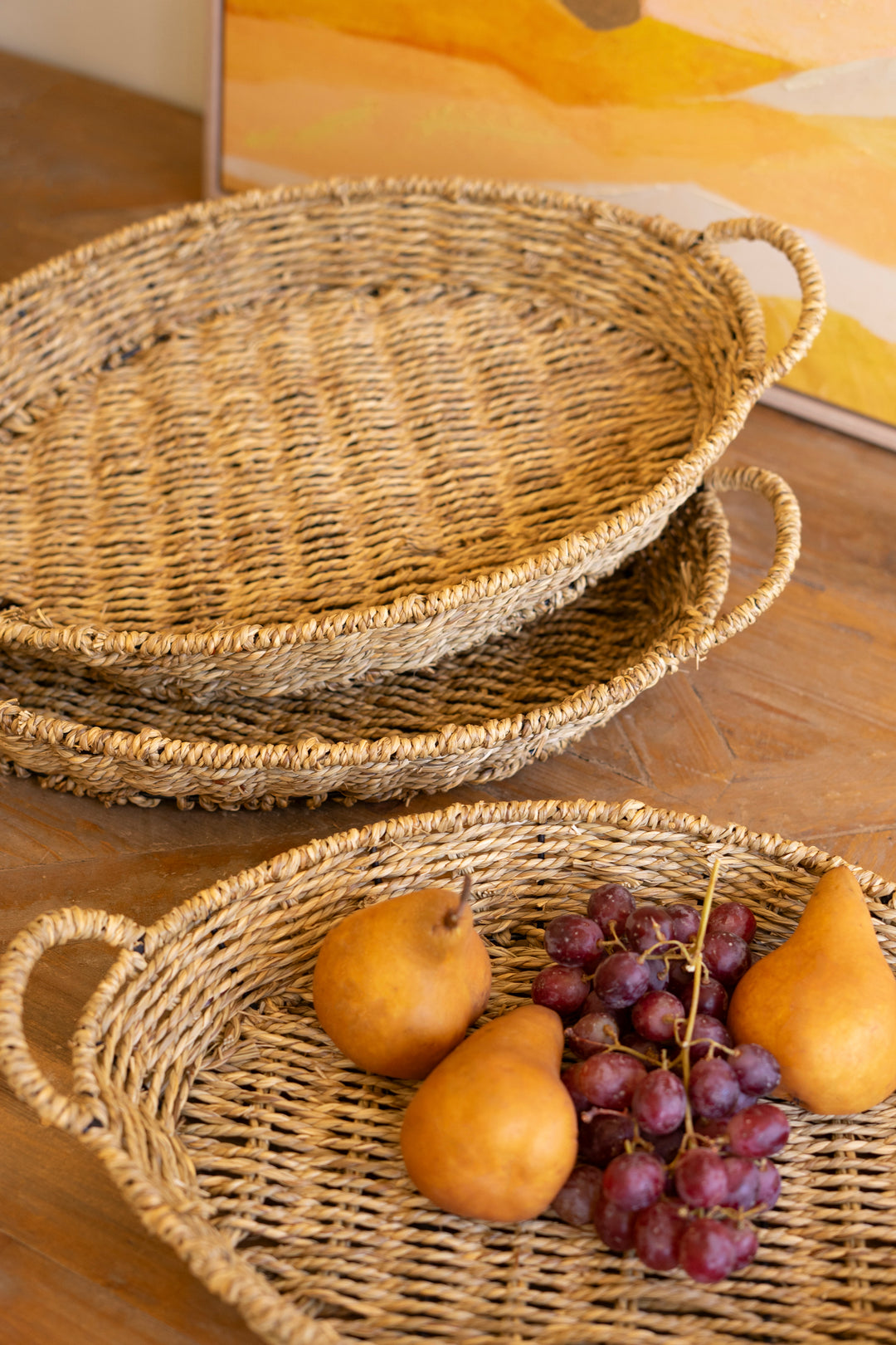 Set of 3 Woven Vine Oval Trays with Handles
