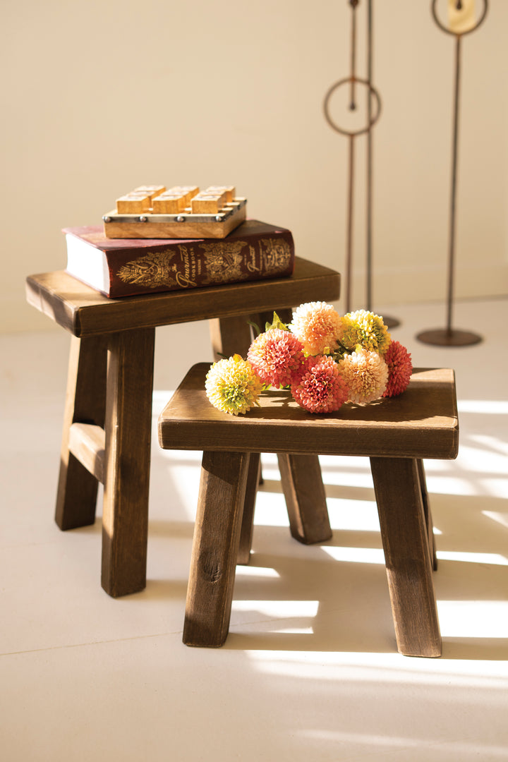 Set of 2 Dark Brown Rectangle Wood Stools