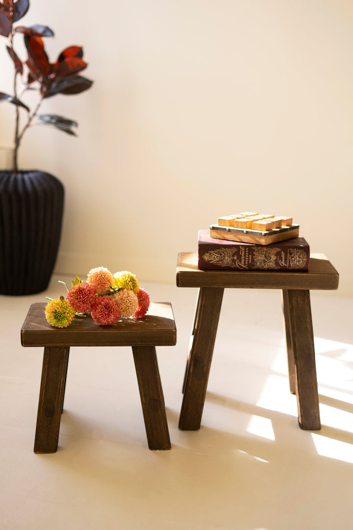 Set of 2 Dark Brown Rectangle Wood Stools