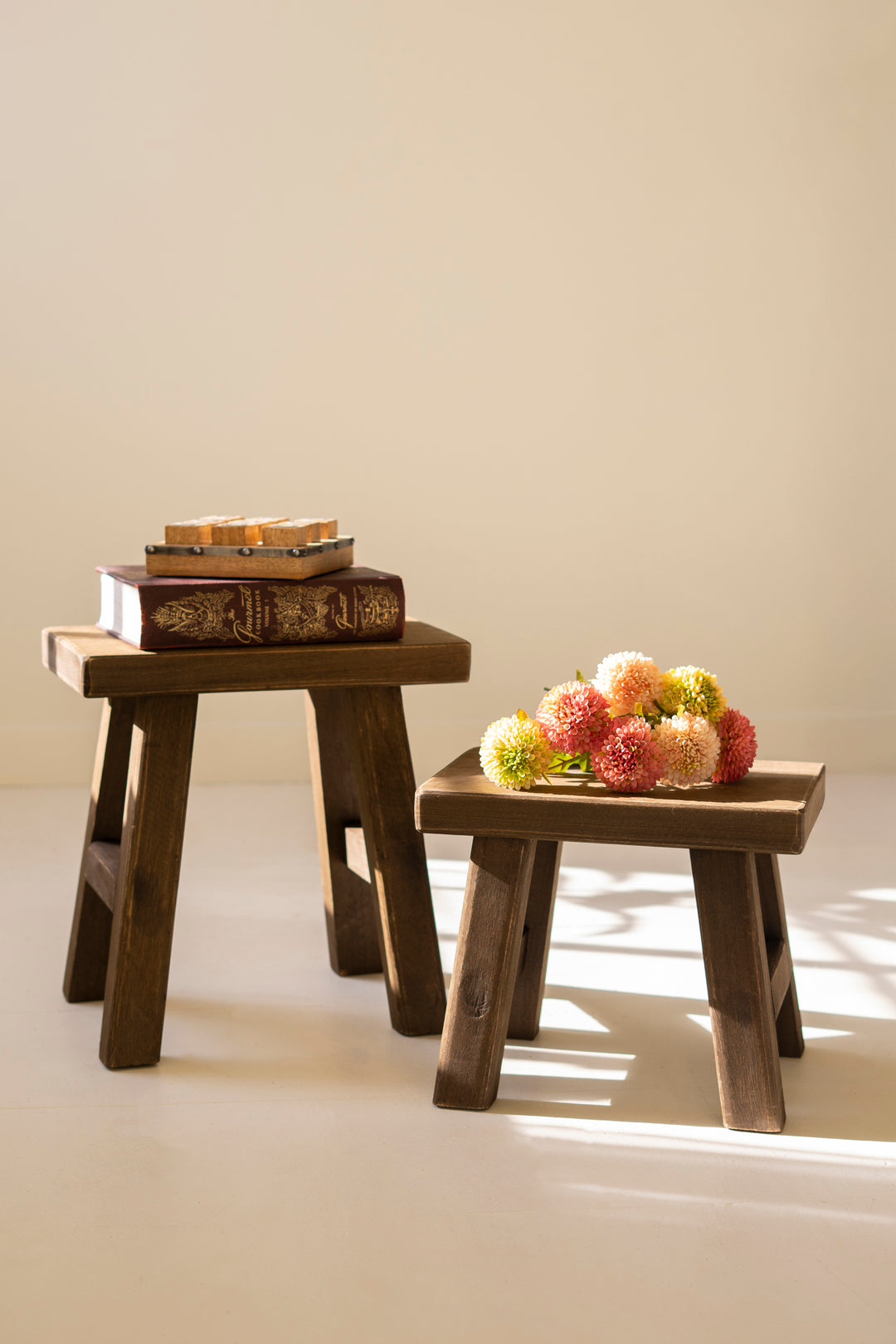 Set of 2 Dark Brown Rectangle Wood Stools